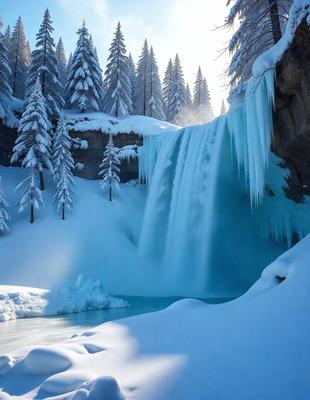 The primary subject of the image is a waterfall surrounded by snow-covered trees. The setting is a snowy landscape with a frozen waterfall, creating a serene and wintry atmosphere. The visual style is a digital art, with the waterfall and trees depicted in a realistic manner. The dominant colors are blue, white, and gray, reflecting the cold and icy environment.